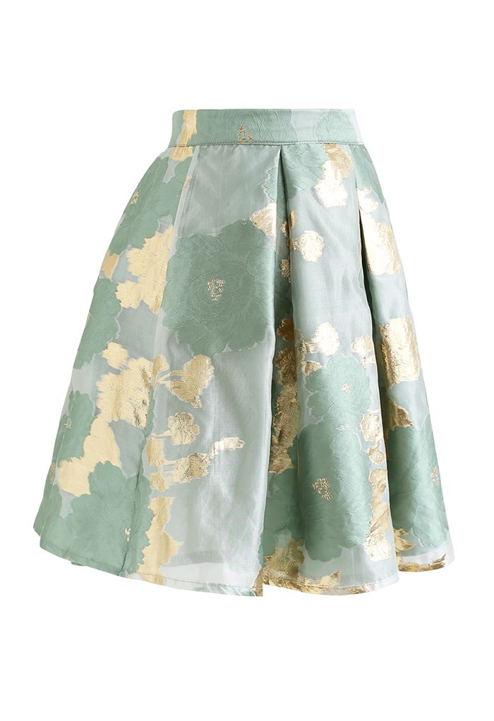 Shiny Floral Jacquard Organza Pleated Skirt in Green