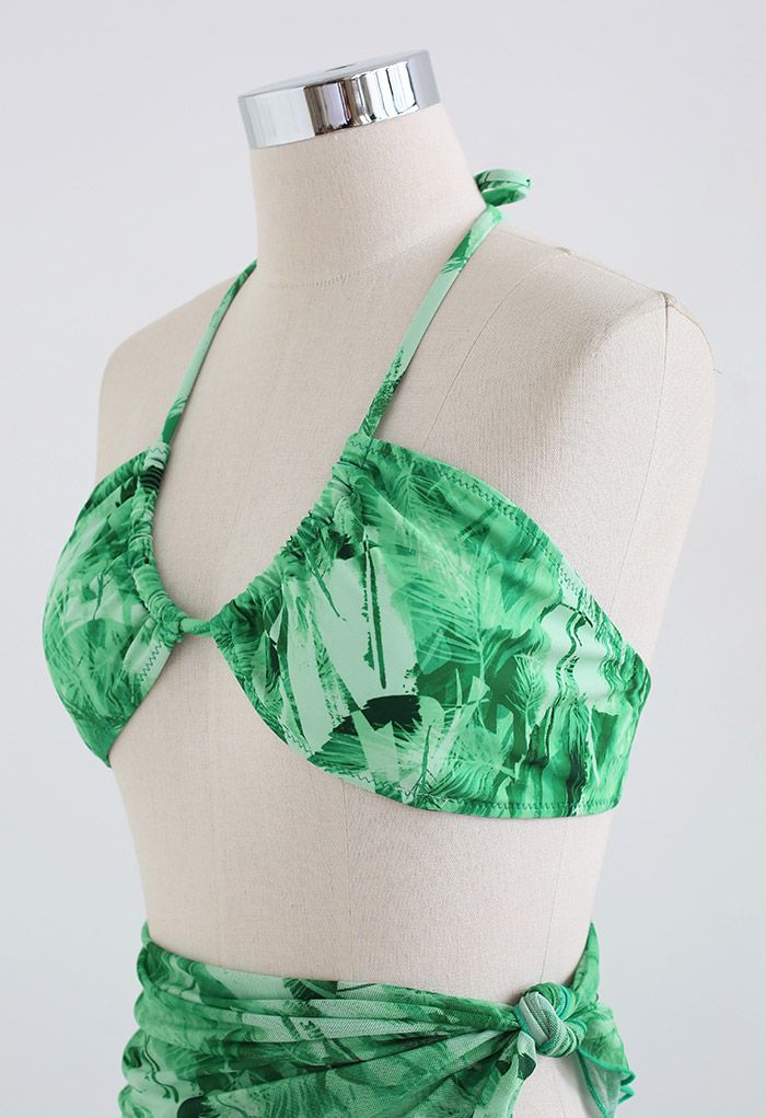 Greenery Leaf Knotted Bikini Set with Sarong
