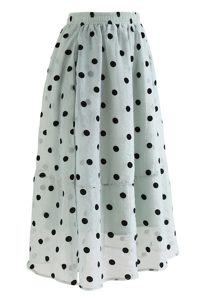 Black Polka Dot Sheer Midi Skirt in Mint