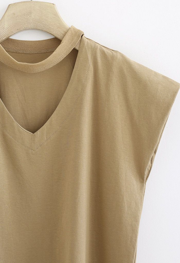 V-Neck Choker Sleeveless Cotton T-Shirt in Caramel