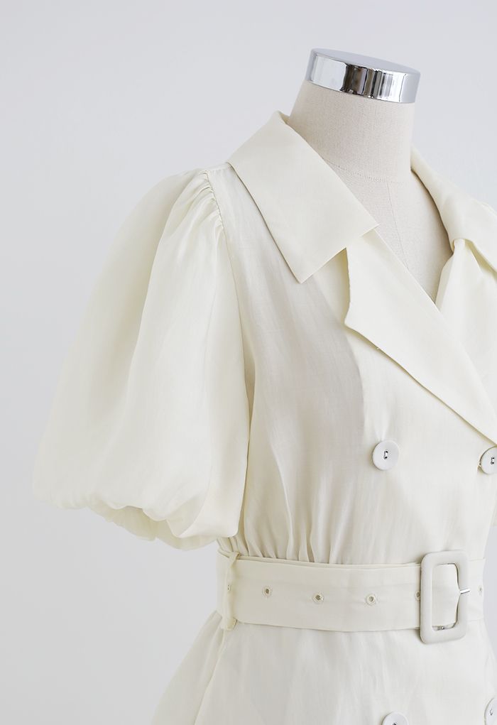 Double-Breasted Puff Sleeve Trench Dress in Cream
