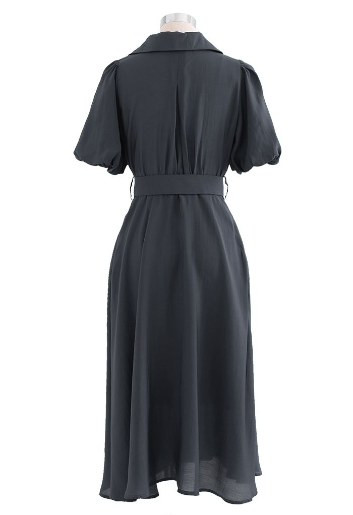 Double-Breasted Puff Sleeve Trench Dress in Smoke