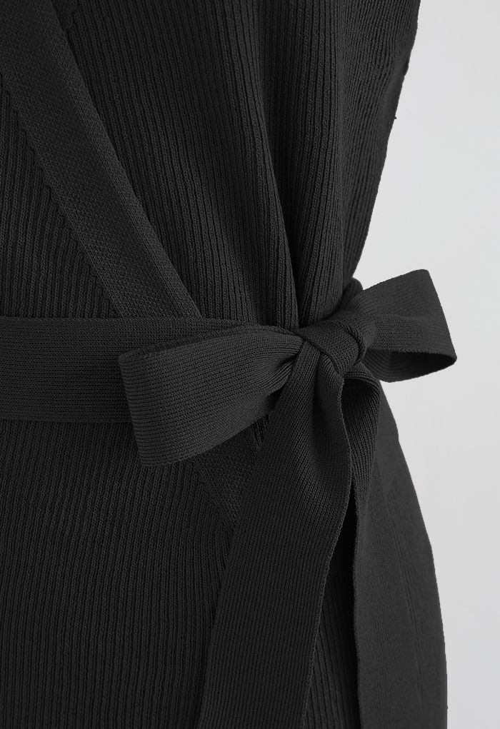 Self-Tie Bowknot Bodycon Knit Wrap Dress in Black