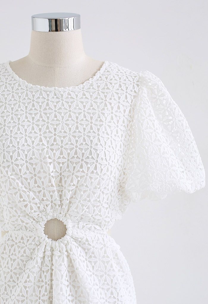 O-Ring Waist Cutwork Mini Dress in White