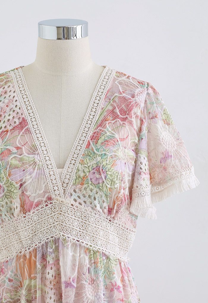 Embroidered Blossom World V-Neck Midi Dress in Pink