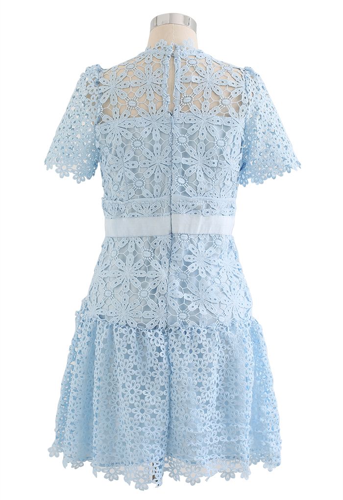 Sophisticated Floral Crochet Mini Dress in Blue