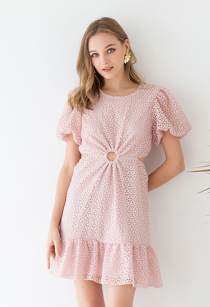 O-Ring Waist Cutwork Mini Dress in Pink