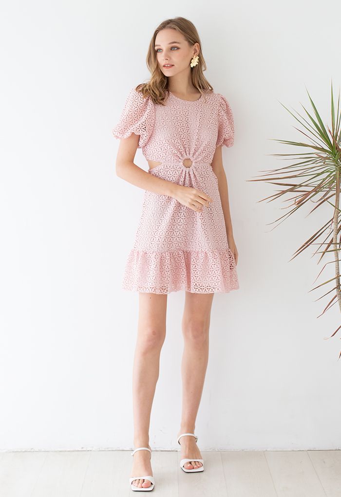 O-Ring Waist Cutwork Mini Dress in Pink