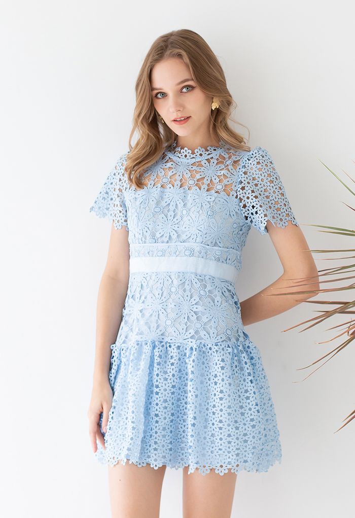 Sophisticated Floral Crochet Mini Dress in Blue