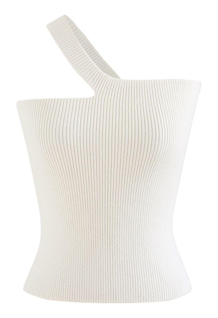 Oblique Shoulder Crop Knit Tank Top in White