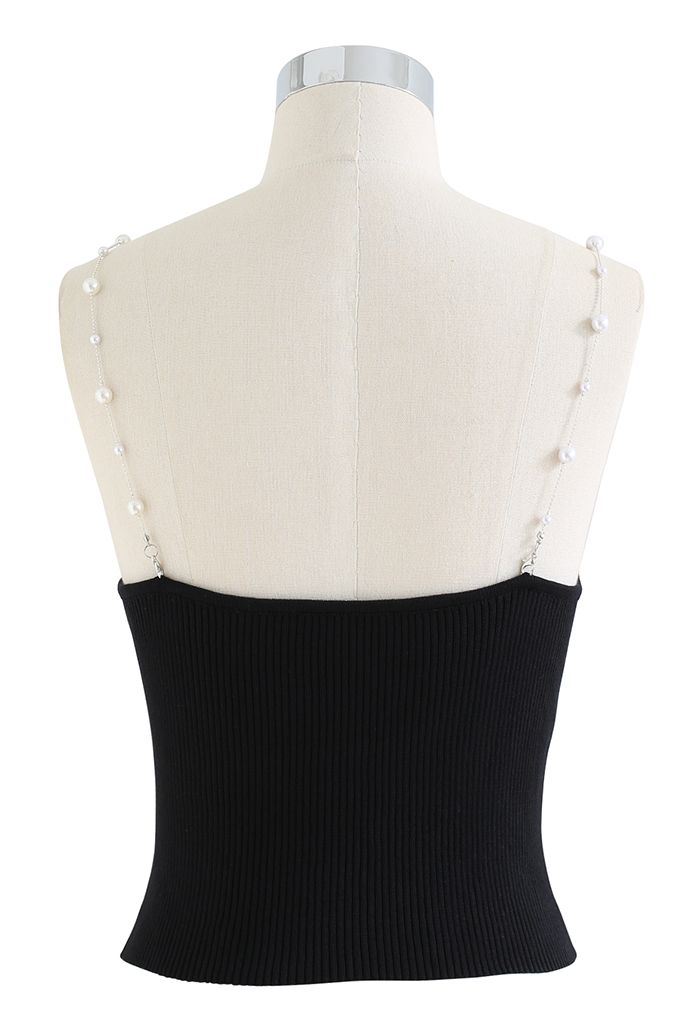 Cropped Knit Pearly Tank Top in Black