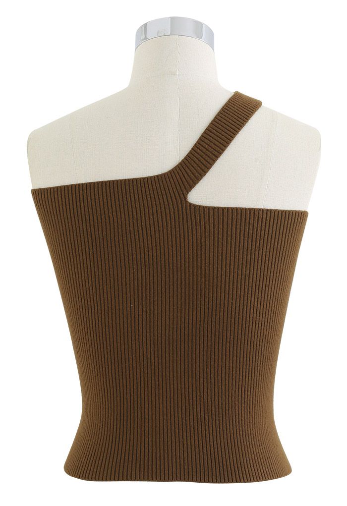 Oblique Shoulder Crop Knit Tank Top in Brown