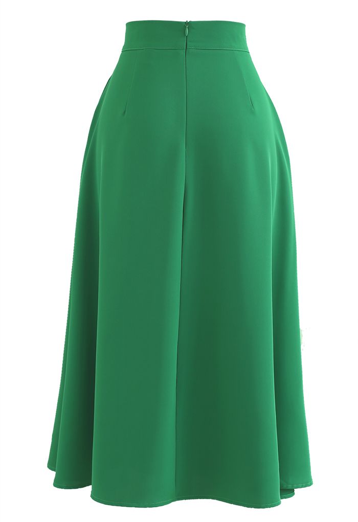 Flap Front Flare Hem Midi Skirt in Green