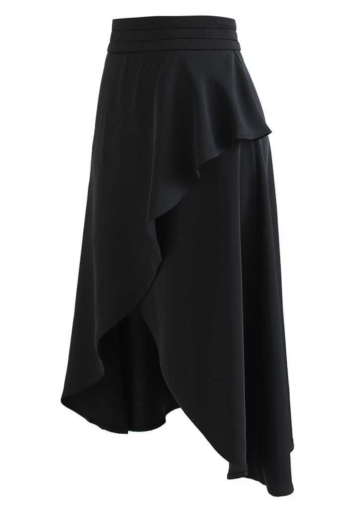 High Waist Flap Front Midi Skirt in Black