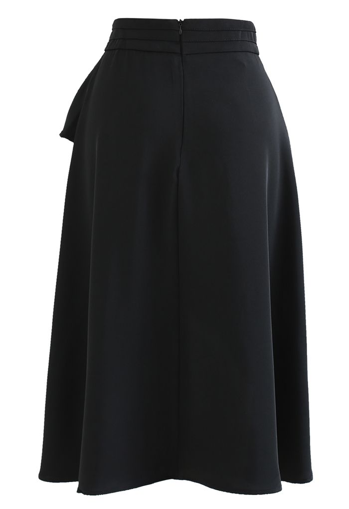 High Waist Flap Front Midi Skirt in Black