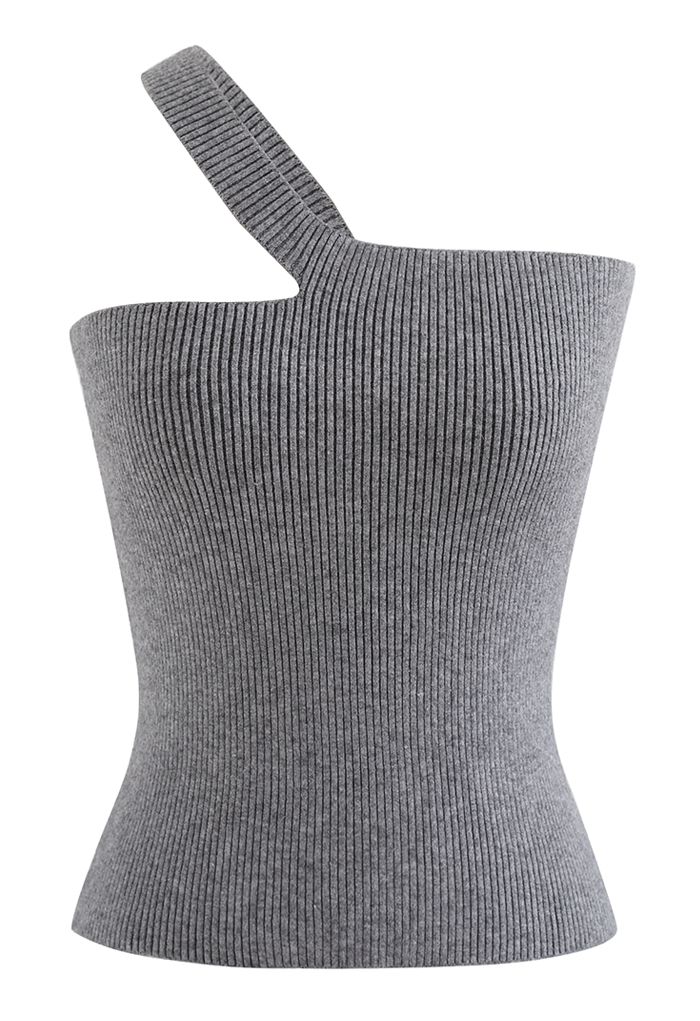 Oblique Shoulder Crop Knit Tank Top in Grey