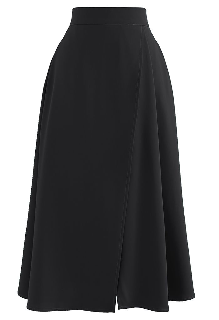 Flap Front Flare Hem Midi Skirt in Black