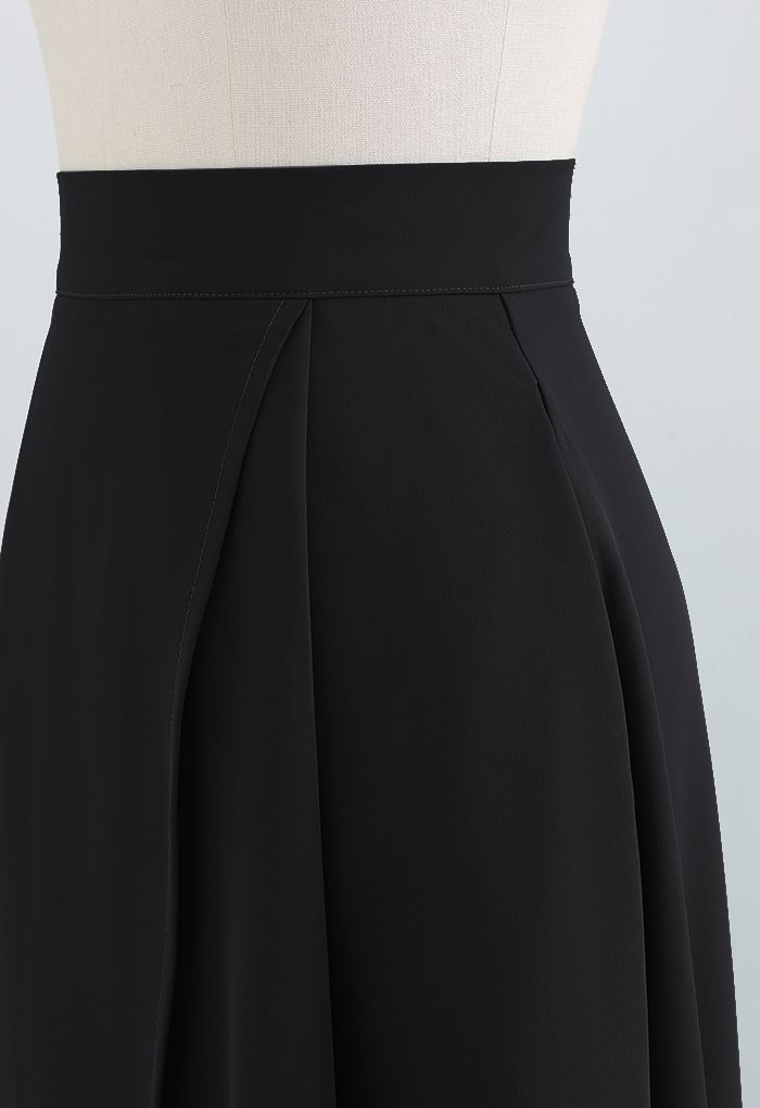 Flap Front Flare Hem Midi Skirt in Black
