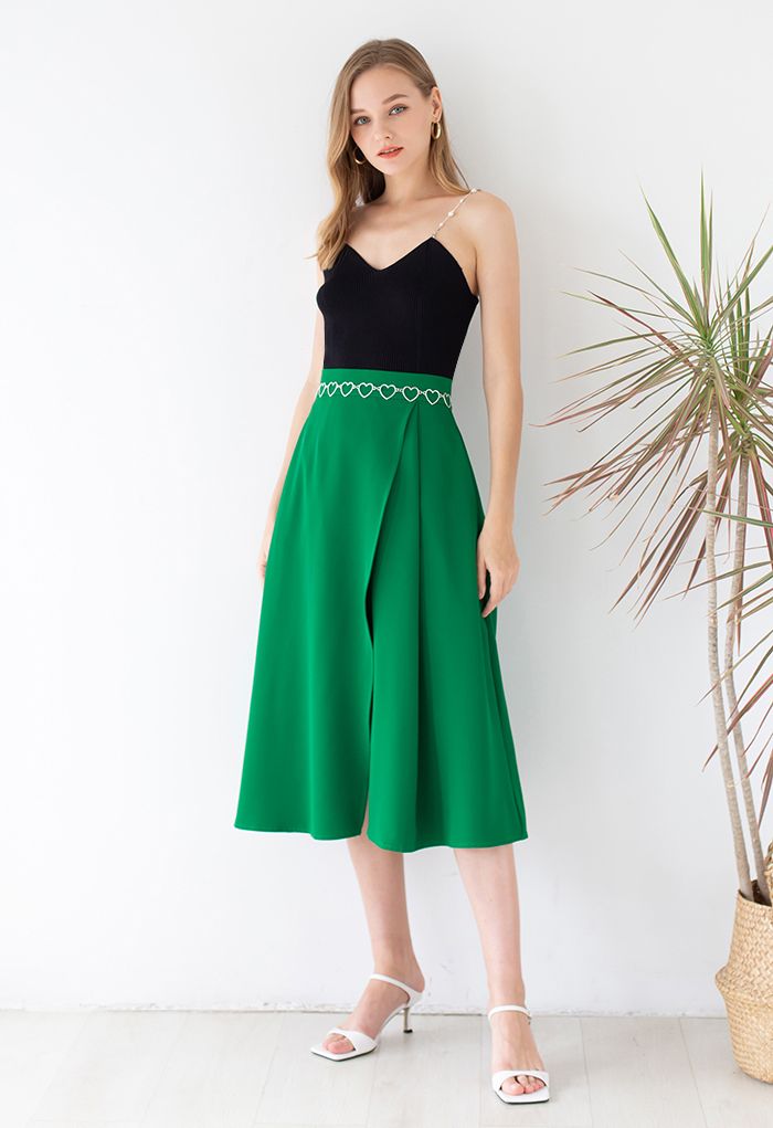 Flap Front Flare Hem Midi Skirt in Green
