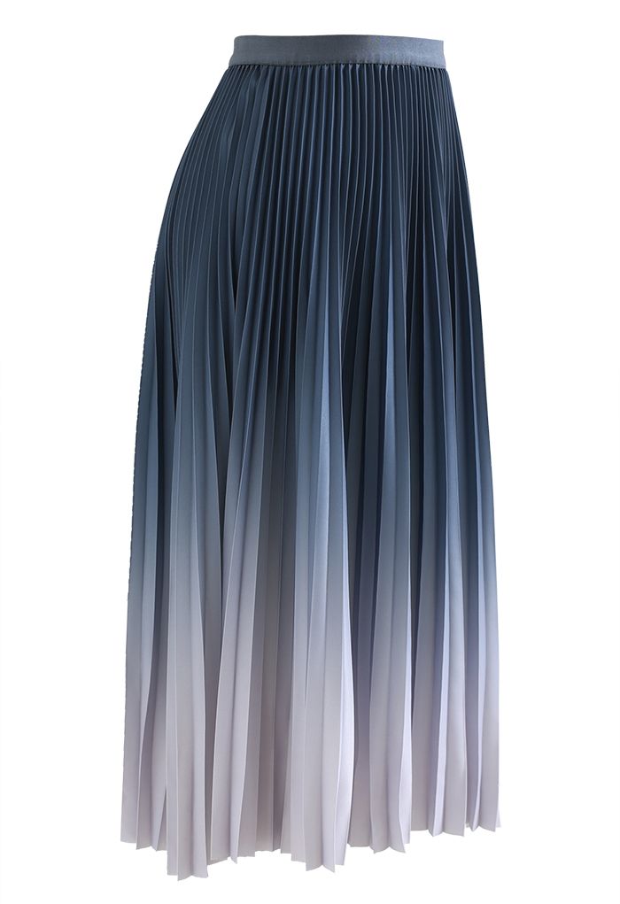Blue Gradient Pleated Midi Skirt