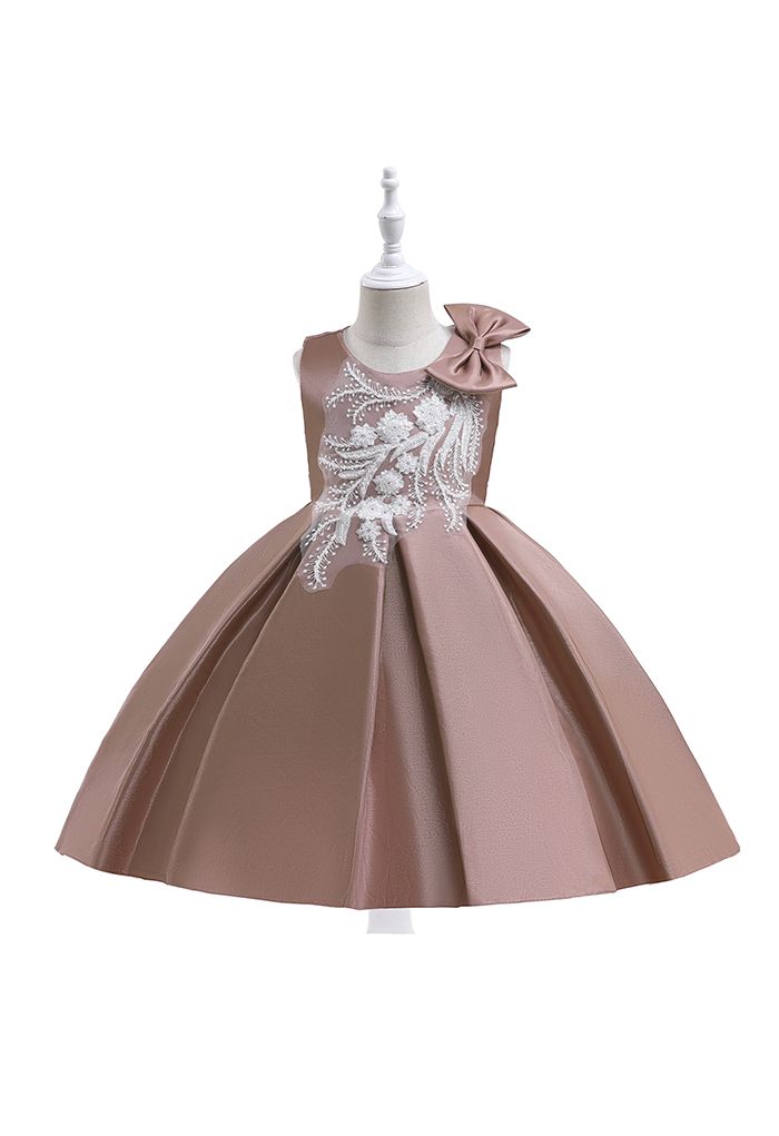 Beaded Flower Side Bowknot Princess Dress in Coral For Kids