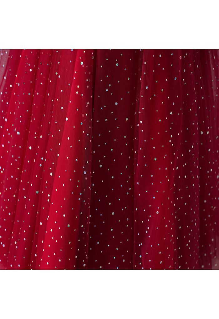 Shimmer Sequins Sleeveless Tulle Dress in Red For Kids