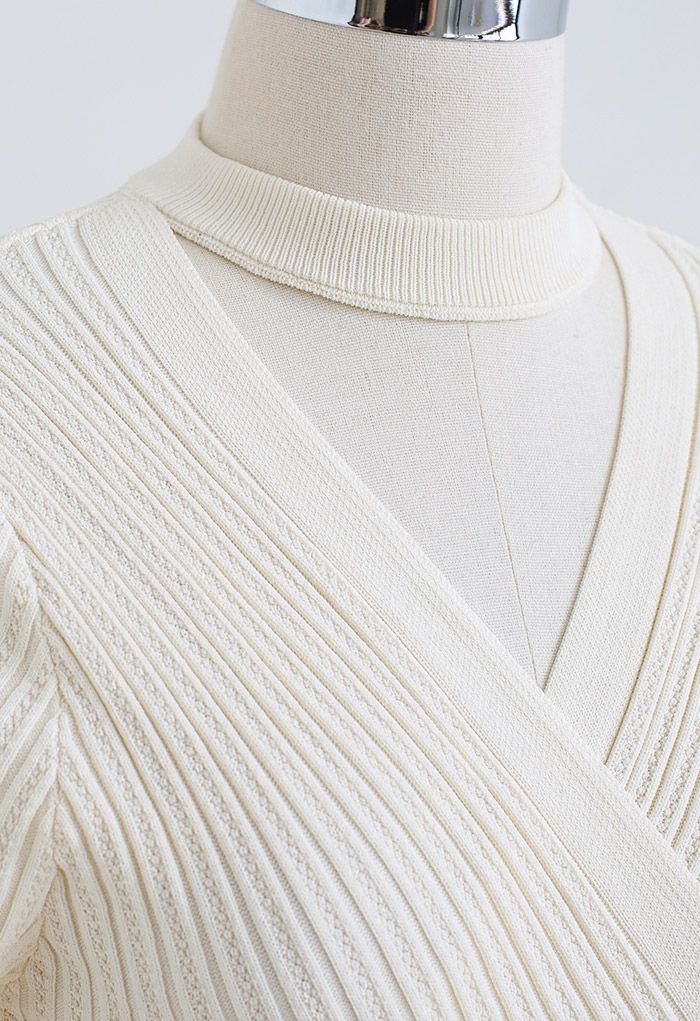 Choker Neck Faux-Wrap Short-Sleeve Knit Top in Cream