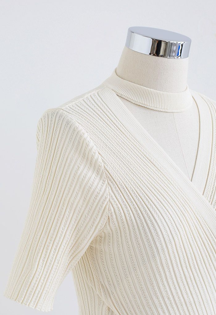 Choker Neck Faux-Wrap Short-Sleeve Knit Top in Cream