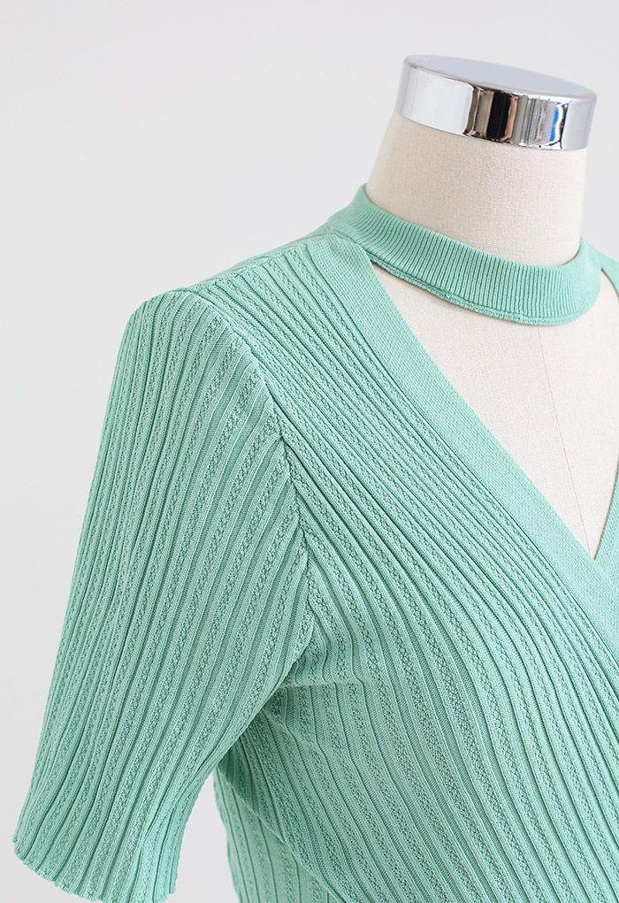 Choker Neck Faux-Wrap Short-Sleeve Knit Top in Mint