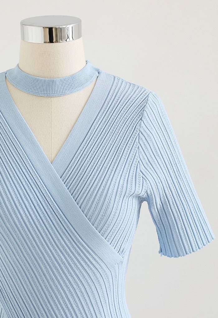 Choker Neck Faux-Wrap Short-Sleeve Knit Top in Baby Blue