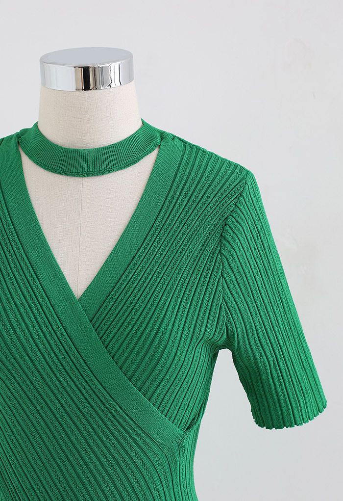 Choker Neck Faux-Wrap Short-Sleeve Knit Top in Green