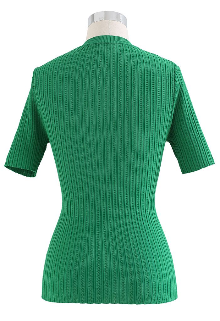Choker Neck Faux-Wrap Short-Sleeve Knit Top in Green