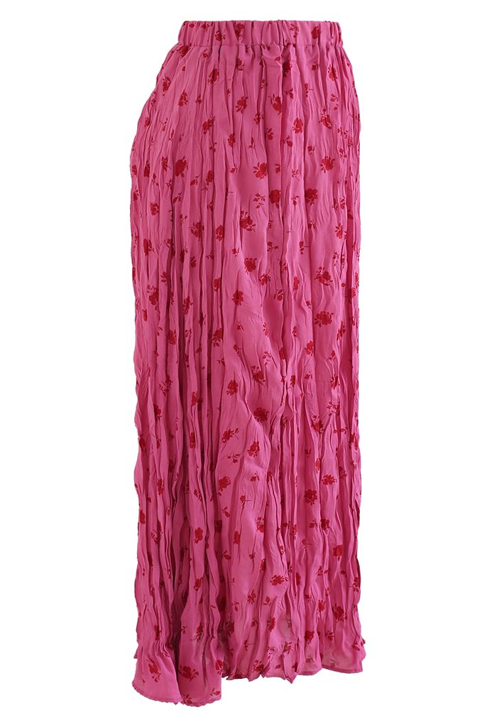 Rose Bouquet Print Ruched Slit Skirt in Hot Pink