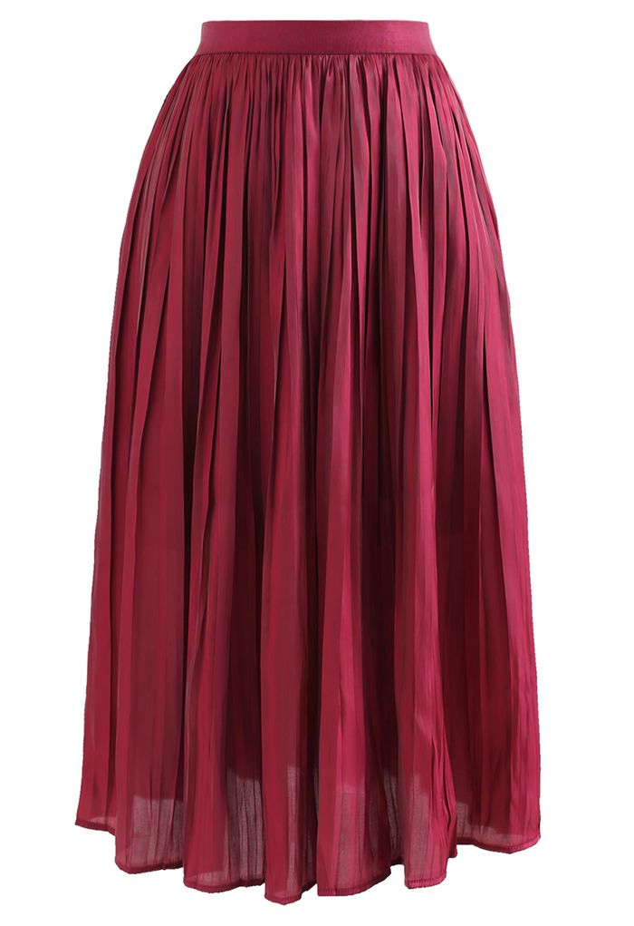 Glimmer Pleated Elastic Waist Midi Skirt in Red
