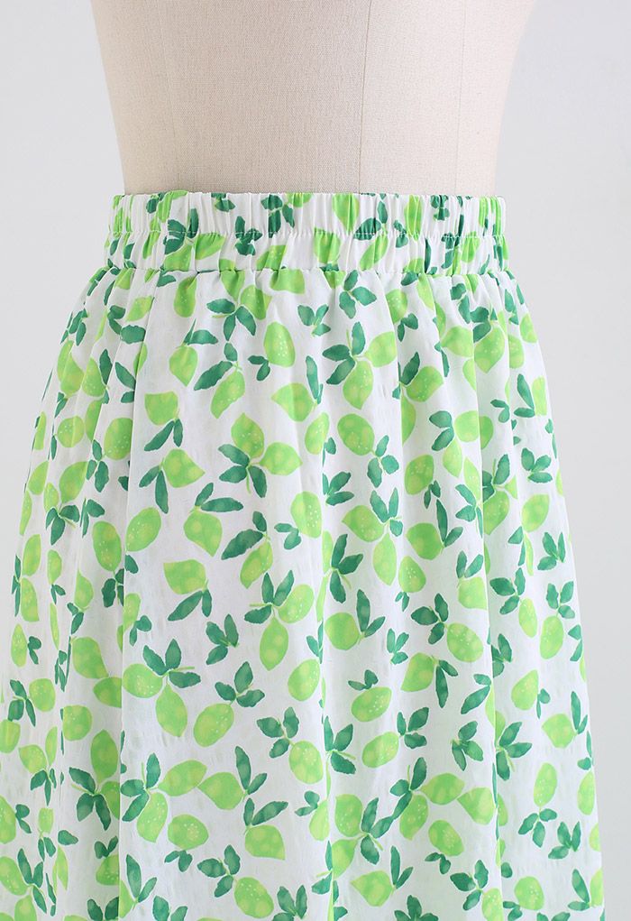 Fresh Lemon Print Midi Skirt in Green