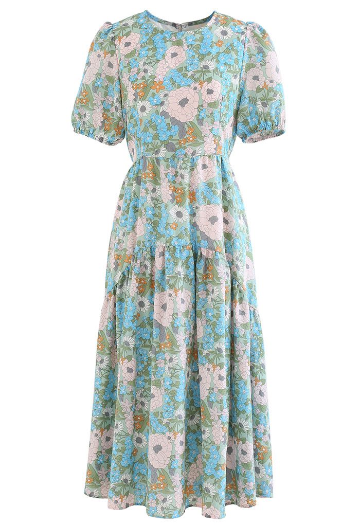 Embrace Sunshine Floral Midi Dolly Dress in Teal