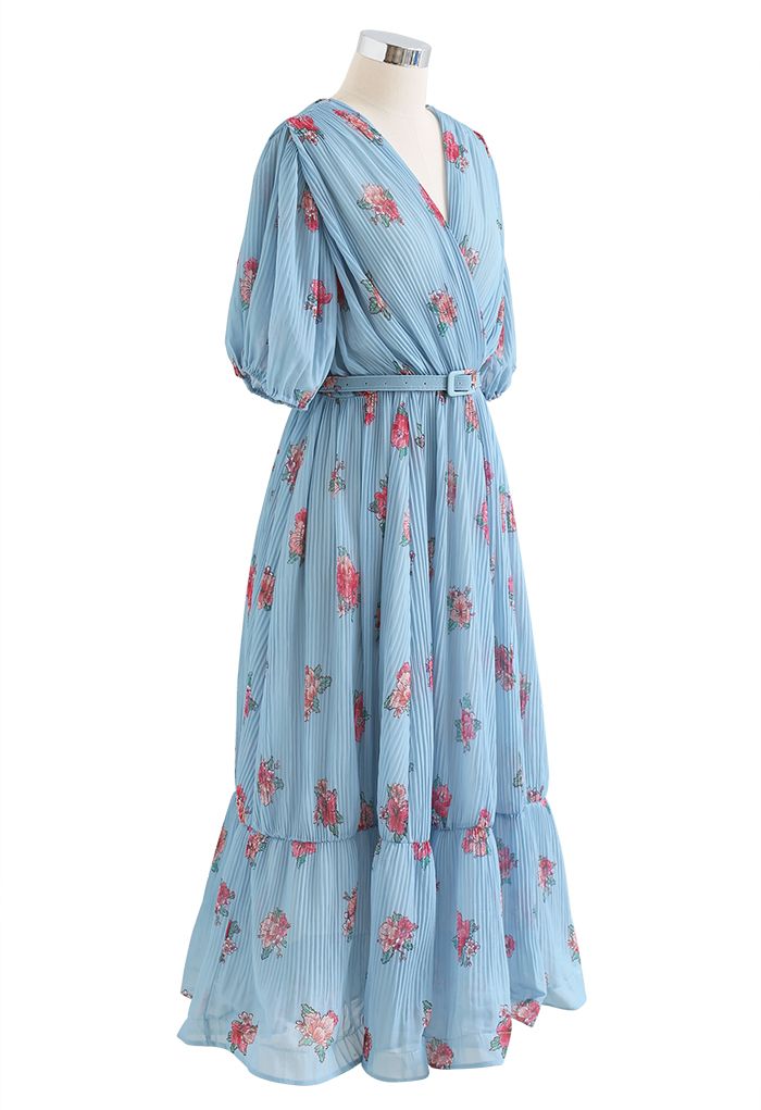 Floral Printed Airy Pleated Faux-Wrap Dress in Blue