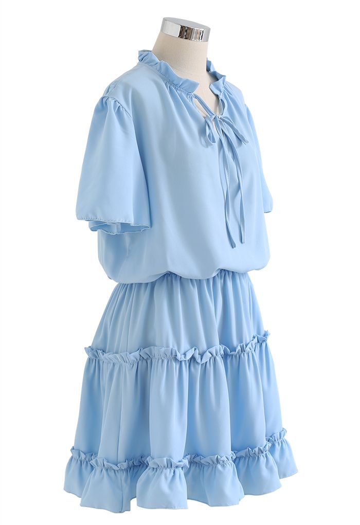 V-Neck Flare Sleeve Ruffle Trim Dress in Sky Blue