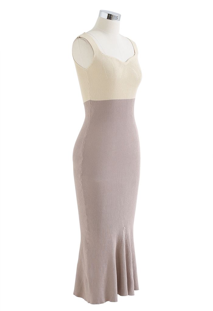 Two-Tone Knit Bodycon Frill Dress in Taupe