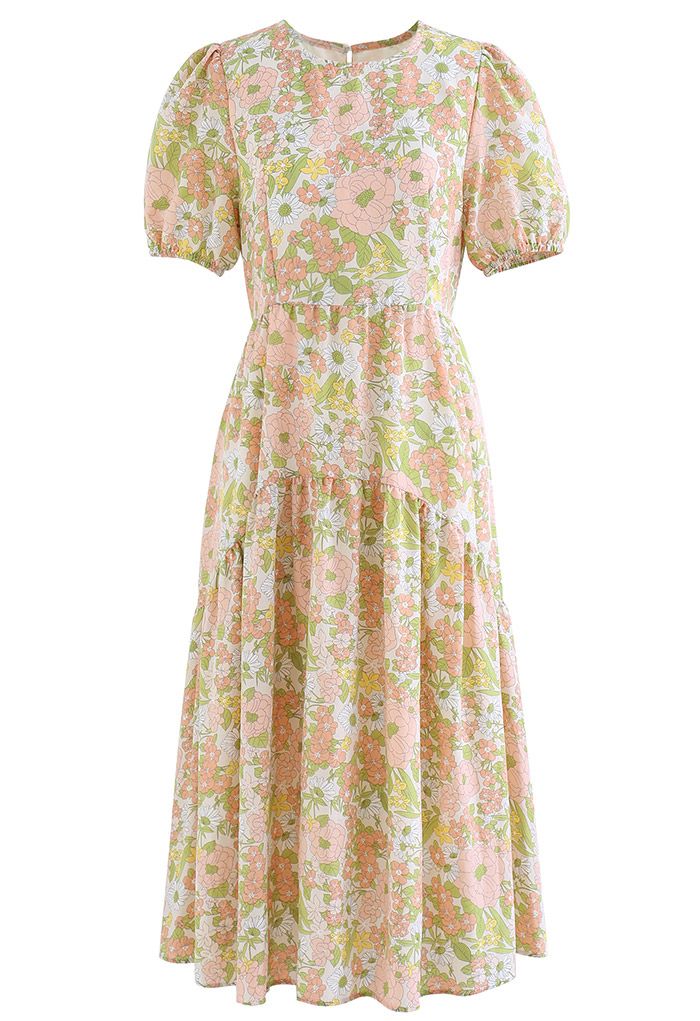 Embrace Sunshine Floral Midi Dolly Dress in Coral