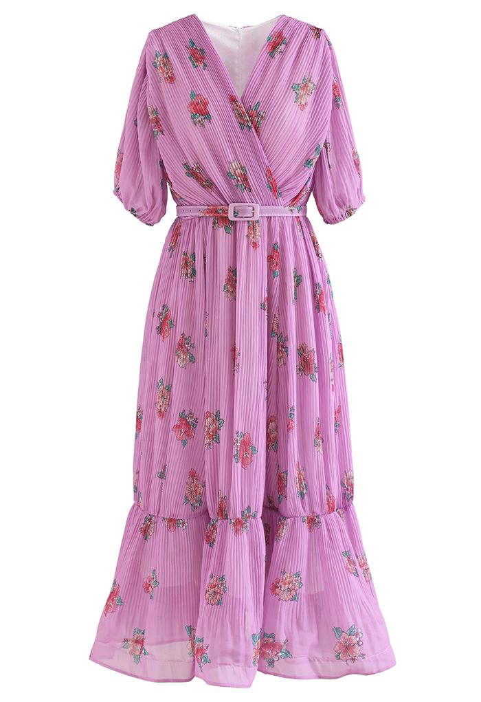 Floral Printed Airy Pleated Faux-Wrap Dress in Violet