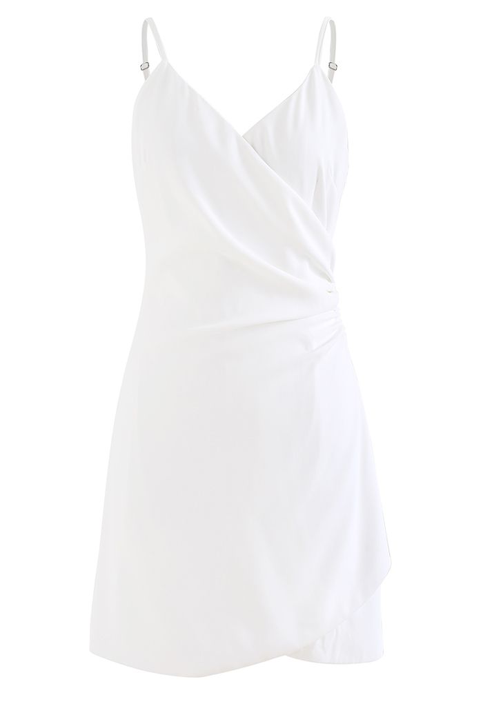 Wrap Bust Ruched Asymmetric Cami Dress in White