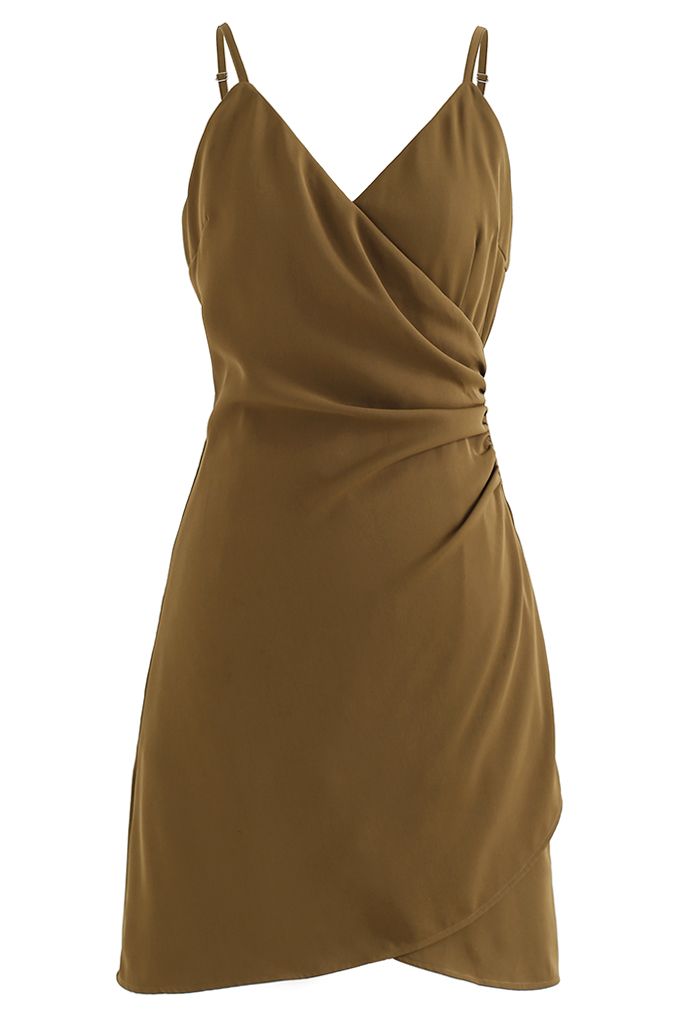 Wrap Bust Ruched Asymmetric Cami Dress in Khaki