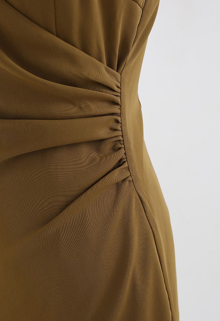 Wrap Bust Ruched Asymmetric Cami Dress in Khaki