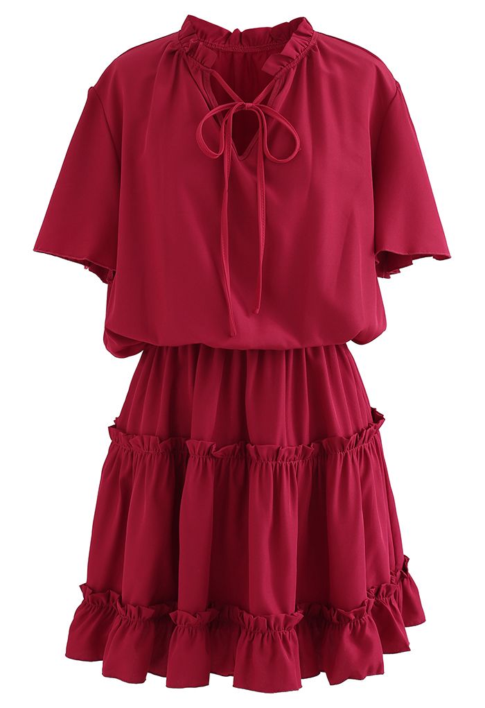 V-Neck Flare Sleeve Ruffle Trim Dress in Red