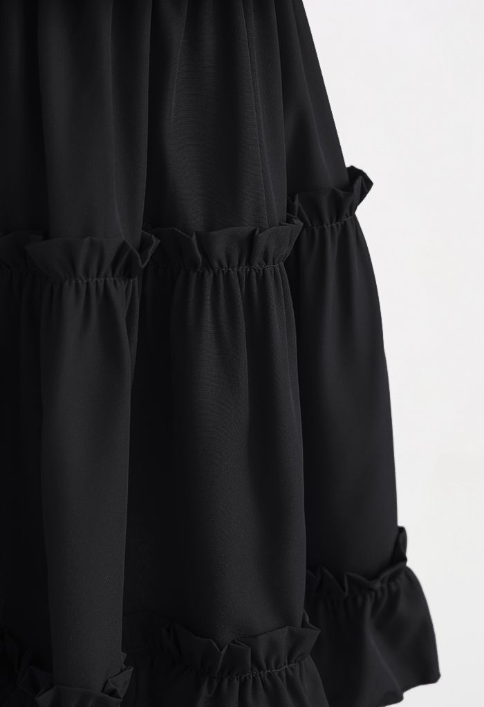 V-Neck Flare Sleeve Ruffle Trim Dress in Black