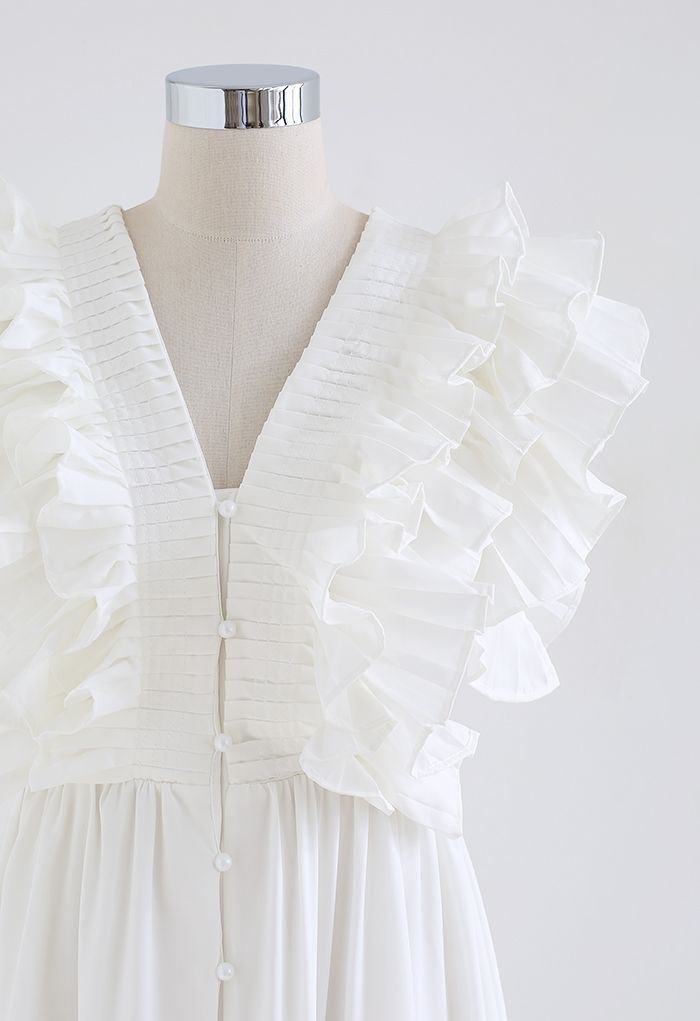Pleated Ruffle Buttoned Deep V-Neck Dress in White