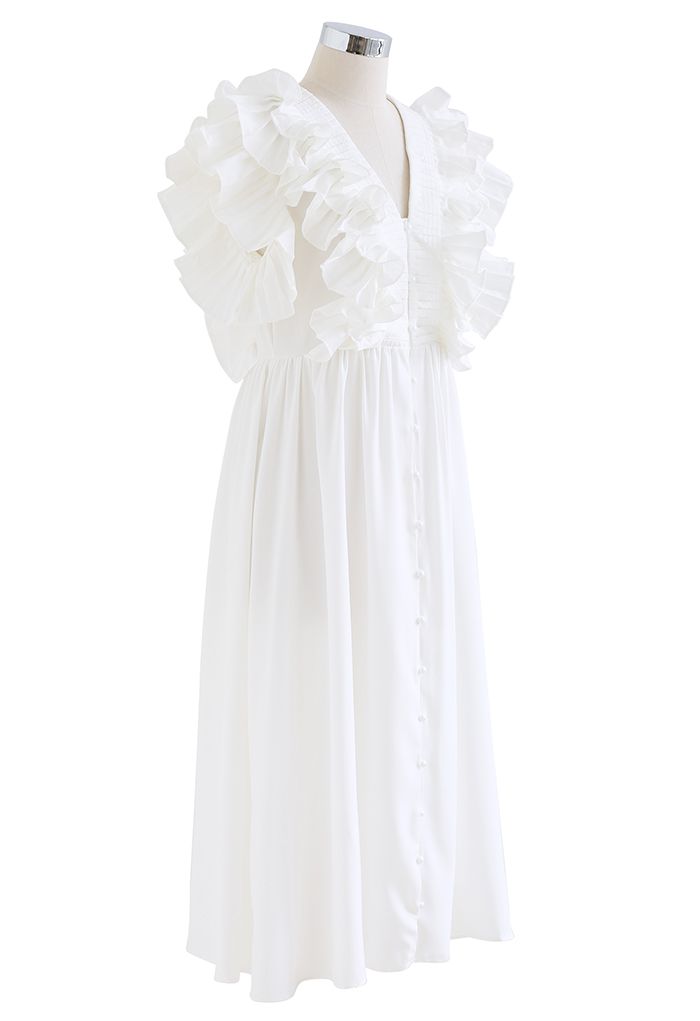 Pleated Ruffle Buttoned Deep V-Neck Dress in White