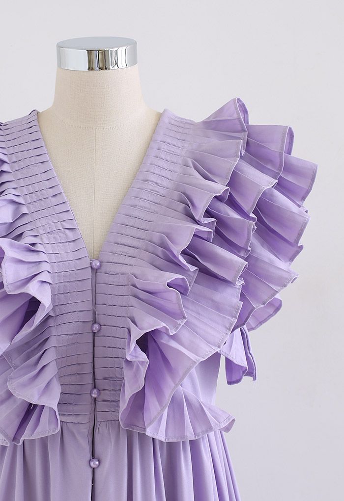 Pleated Ruffle Buttoned Deep V-Neck Dress in Lilac