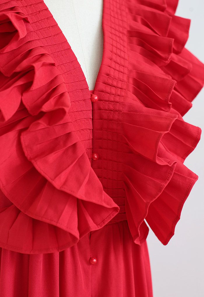 Pleated Ruffle Buttoned Deep V-Neck Dress in Red